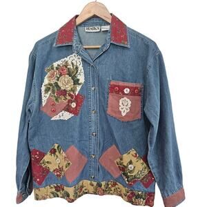 Vintage 90s Denim Blouse Womens Small Red Patchwork Cottagecore Lace Flowers